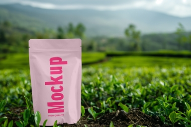 Green Tea Packaging Pouch Mock-up in Tea Farm