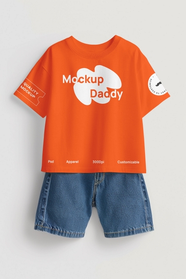 Kids Tshirt Mockup with Denim Shorts
