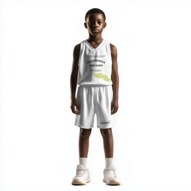 African Boy White Basketball Uniform Mockup