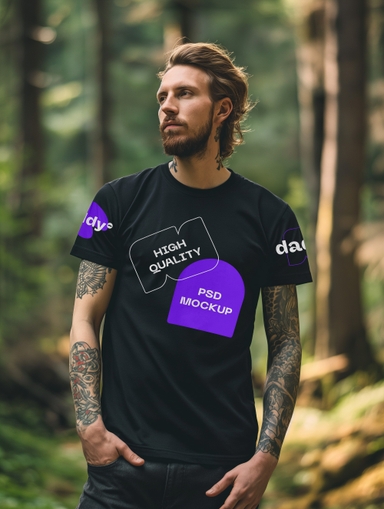 Tattooed Man in Forest Wearing Black T shirt Mockup