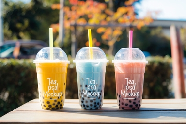 Three Boba Tea Takeaway Cup Mockup