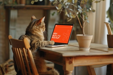 Professional Cat with Laptop Mockup