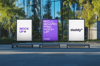 Three Vertical Advertising Billboards Mockup Arranged Outdoors