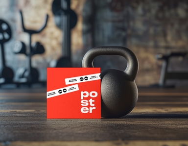 Kettlebell Next to Square Paper Mockup in Gym