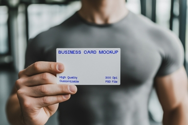 Fitness Enthusiast Holding Business Card Mockup