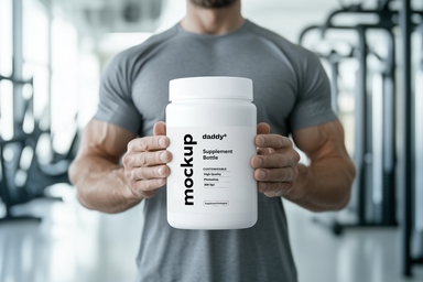Muscular Man Showing Protein Jar Mockup in Gym