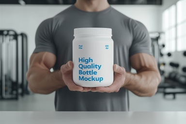 Powerful Man Presenting Gym Protein Jar Mockup