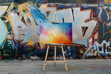Canvas Mockup on Easel in Front of Graffiti Wall