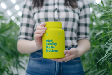 Girl Holding Supplement Jar Mockup in Cannabis Farm