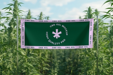 CBD Oil Cloth Banner Mockup in Cannabis Farm