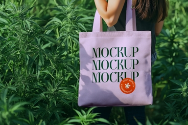 Girl in Hemp Farm with Tote Bag Mockup on Shoulder