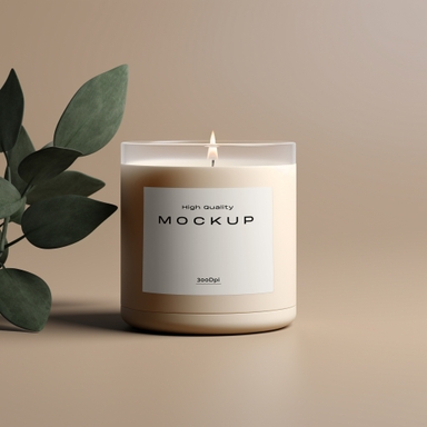 Transparent Candle Jar Mockup on Wooden Table with Leaf