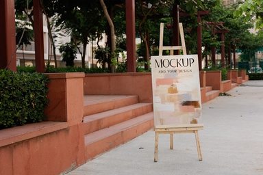 Vertical Canvas Mockup on Wooden Easel in Park
