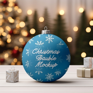Christmas Bauble Mockup on Wooden Table with Gifts