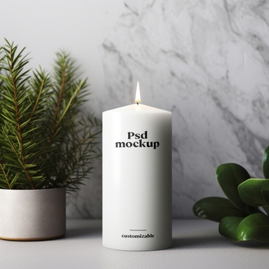 Candle Mockup on Table with Green Plant