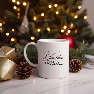 Mug Mockup Sitting on White Table with Pine Cones