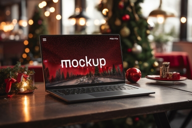 Laptop Display Mockup on Wooden Table with Xmas Things