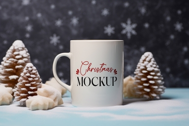 Coffee Mug Mockup on Snow with Pine Cones