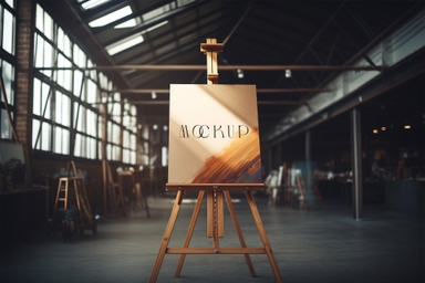 Canvas Mockup on Easel in Painting Hall Close-up View