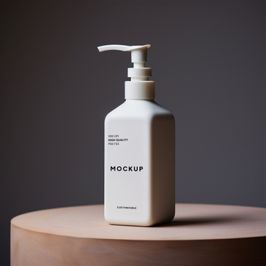 Cosmetic Pump Bottle Mockup on Wooden Platforn