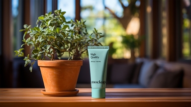 Cosmetic Cream Tube Mockup on Wooden Table with Plant