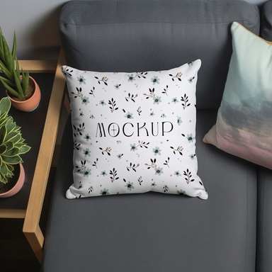 Square Cushion Mockup on Dark Grey Couch
