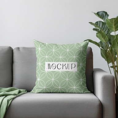 Customizable Cushion Mockup on Blue Sofa with Plant