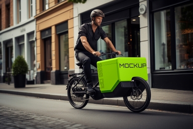 Man Presents Delivery Box Mockup on Electric Scooter