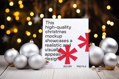Square Christmas Card Mockup with Baubles on Wooden Surface
