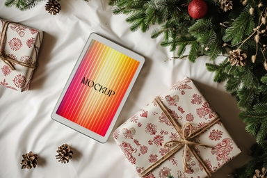 iPad Screen Mockup with Christmas Ornaments