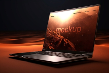 Laptop Mockup on Sandy Beach and Rolling Desert View