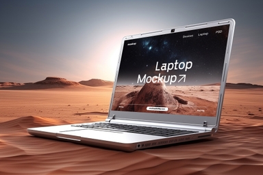 Silver Cyber Laptop Screen Mockup on Sand in Desert