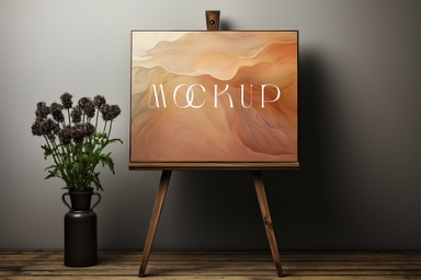 Rectangular Canvas Positioned on Wooden Easel Alongside an Indoor Plant