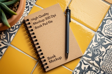 Notebook Mockup with Pen on Desk