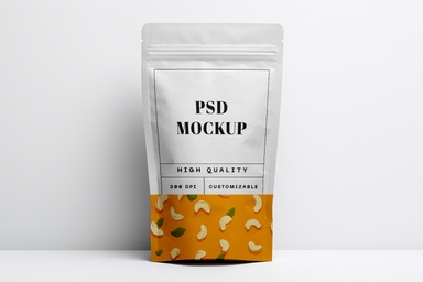 Pouch Mockup Standing Upright in Front of Wall