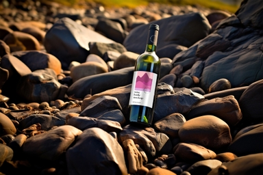 Clear Wine Bottle Mockup on Gray Rocks Display