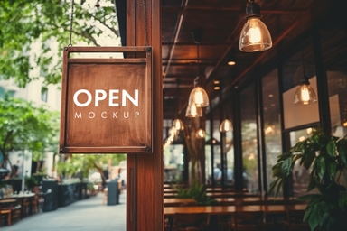 Rectangular Wooden Signboard Mockup Hanging from a Chain in a Restaurant