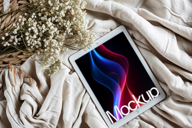 Aesthetic iPad Mockup with White Flowers on Bed Sheet
