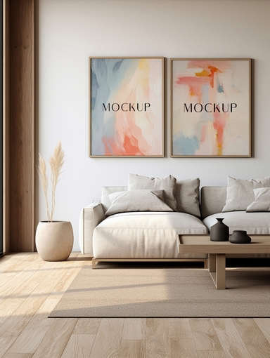 Cozy Minimalistic Living Room with Two Vertical Photo Frame Mockup on the Wall