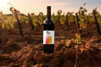 Wine Bottle Label Design Mockup in Vineyard