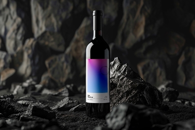 Wine Bottle Mockup on Black Rocks