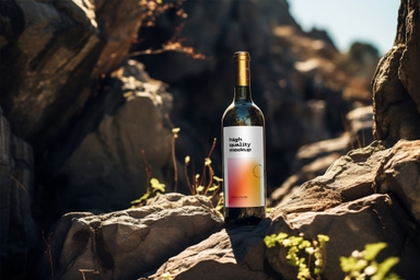 Wine Bottle Mockup Surrounded by Big Rocks