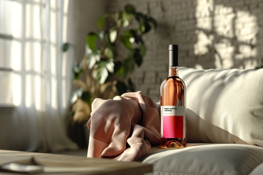 Wine Bottle Mockup Placed on White Sofa