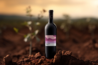 Black Wine Bottle Label Mockup Standing on Sand
