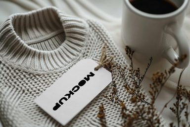 Tag Mockup on Woolen Sweater with Coffee Cup