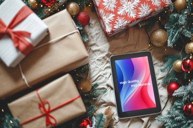 iPad Display Mockup with Christmas Decoration Items
