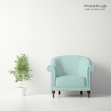 Armchair Mockup on White Floor with Potted Plant
