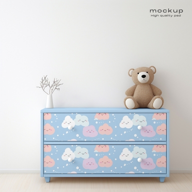 Wooden Multipurpose Cabinet Mockup with Teddy Bear