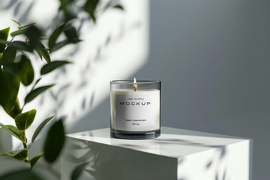 Glossy Glass Candle Mockup on White Podium