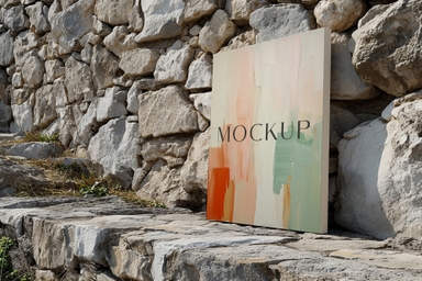 Canvas Mockup Propped Against Stone Wall